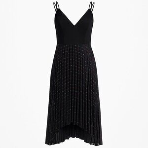 XSCAPE Pleated Foil Dot Midi Dress, V-Neck Double Straps – Size 6